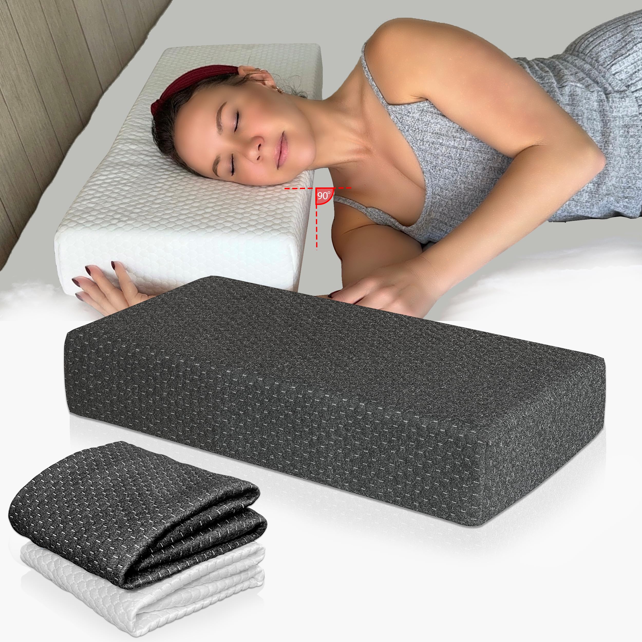 Pillow Cube For Side Sleepers With 2 Pillow Cases(White & Gray)- 24X12X4 Memory Foam- Extra Thick, Medium Firm Design Ideal For